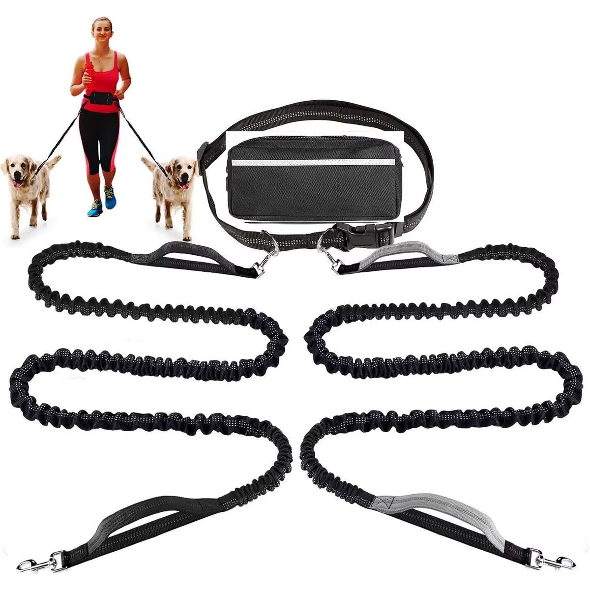 Retractable Leash Hands-Free Leash with Zipper Bag, Double Padded Handle and Durable Elastic Strap for Walking, Jogging and Runn